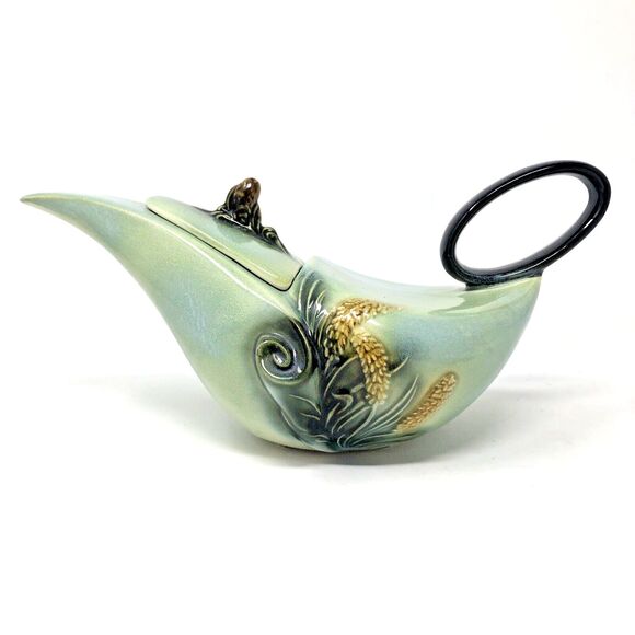 HULL Art Deco Pottery Teapot 1950's Parchment & Pine Sage Green VTG Mid Century - Picture 1 of 12
